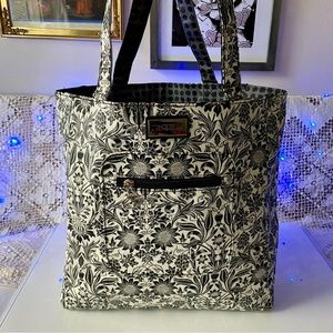 bella russo black & white floral thick vinyl tote bag / medium sized / water res